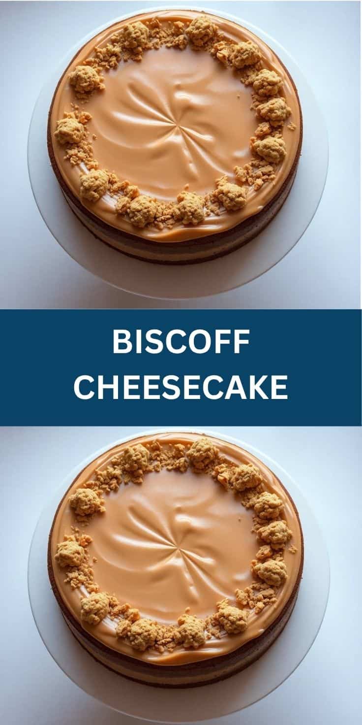 Biscoff cheesecake with caramel topping and crumbled biscuit border on white plate.