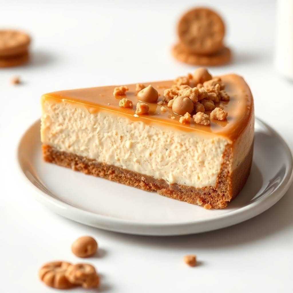 Biscoff cheesecake slice with caramel topping, crumb crust, and cookie garnish on white plate.