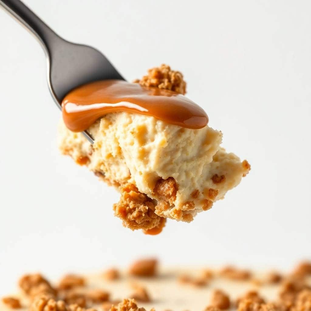Biscoff cheesecake slice on fork with caramel drizzle and cookie crumble garnish.