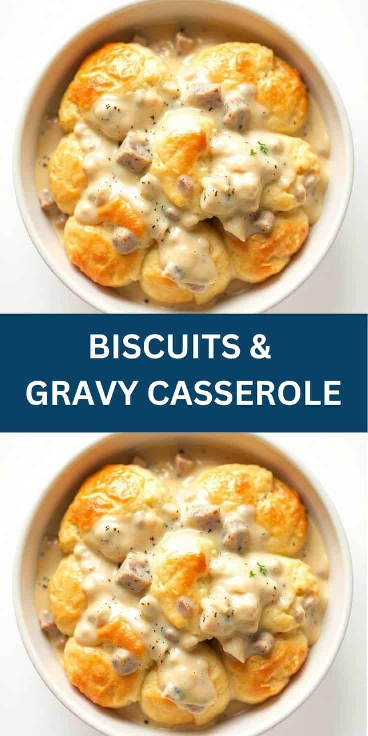Biscuits and gravy casserole with golden biscuits topped with creamy sauce and meat pieces in white bowl.