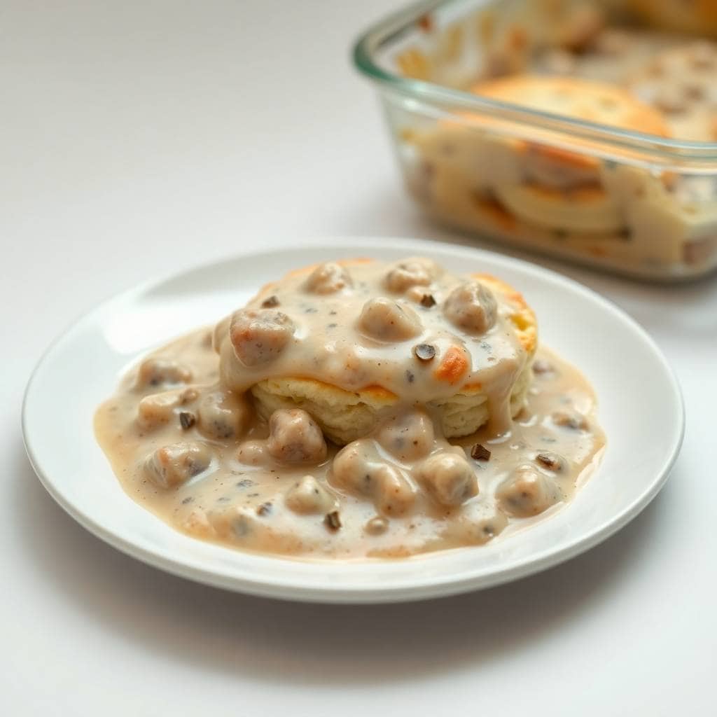 Biscuits and gravy casserole plated on white dish with creamy sauce and mushrooms.
