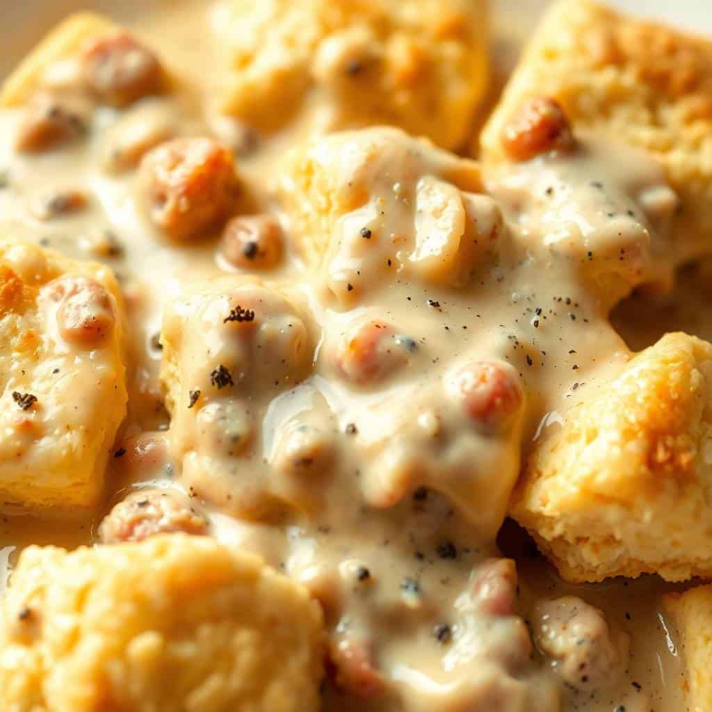 Golden biscuits and gravy casserole with creamy sauce, ground meat, and black pepper garnish.