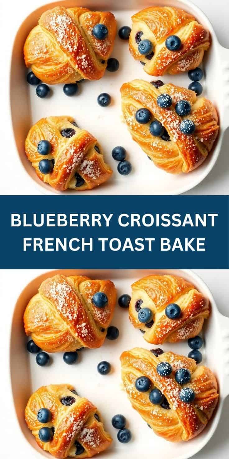 Four golden croissants topped with blueberries and powdered sugar on a white plate.