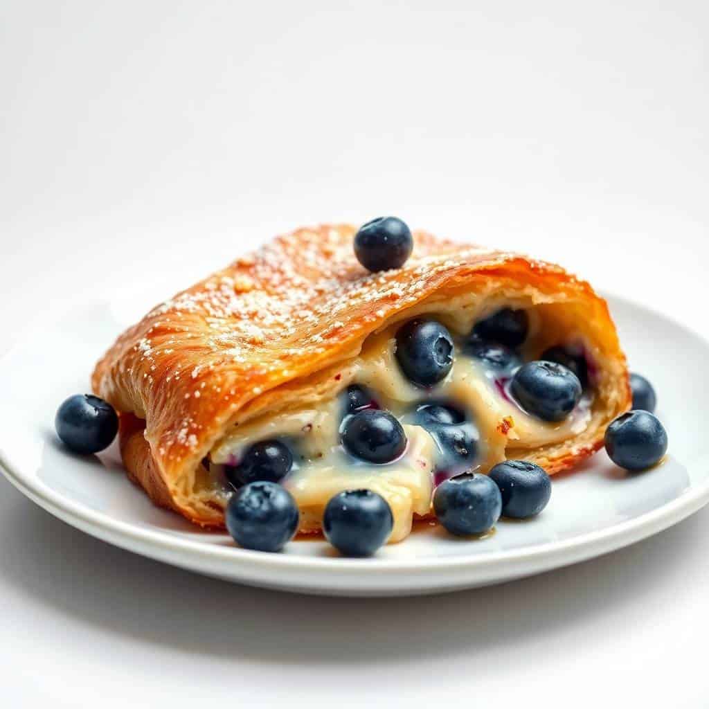 Golden croissant French toast filled with cream and blueberries, dusted with powdered sugar on white plate.