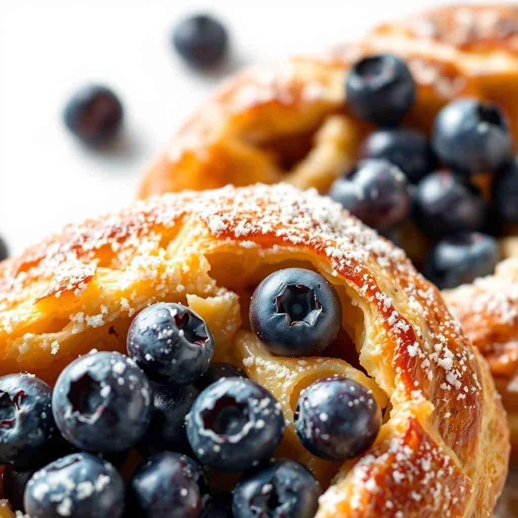 Blueberry croissant French toast bake topped with powdered sugar and fresh blueberries.