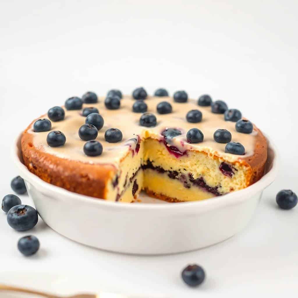 Blueberry cake with cream frosting and fresh blueberry garnish on white plate, slice removed.