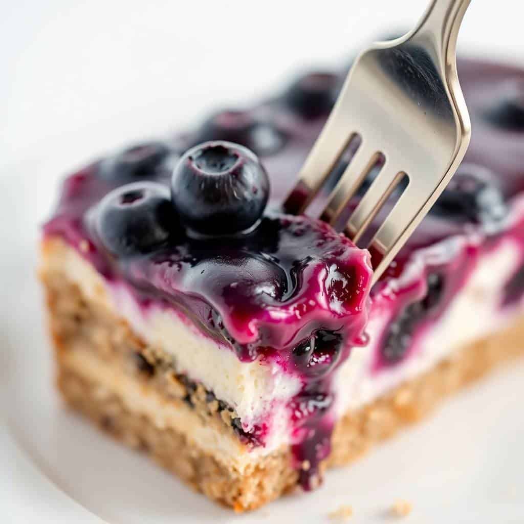 Fork cutting into layered blueberry cake with cream filling and fresh blueberry garnish.