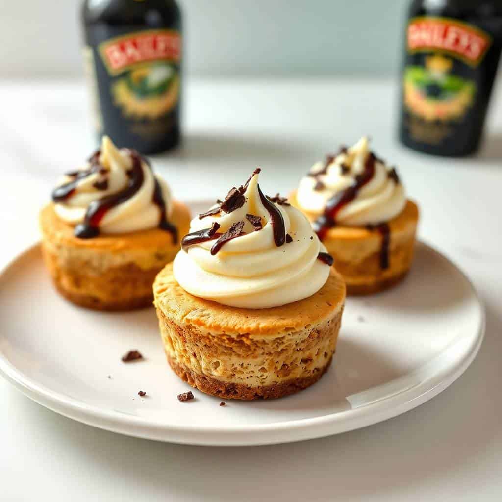 Boozy Baileys mini cheesecakes with cream frosting, chocolate drizzle, and crumbles on white plate.