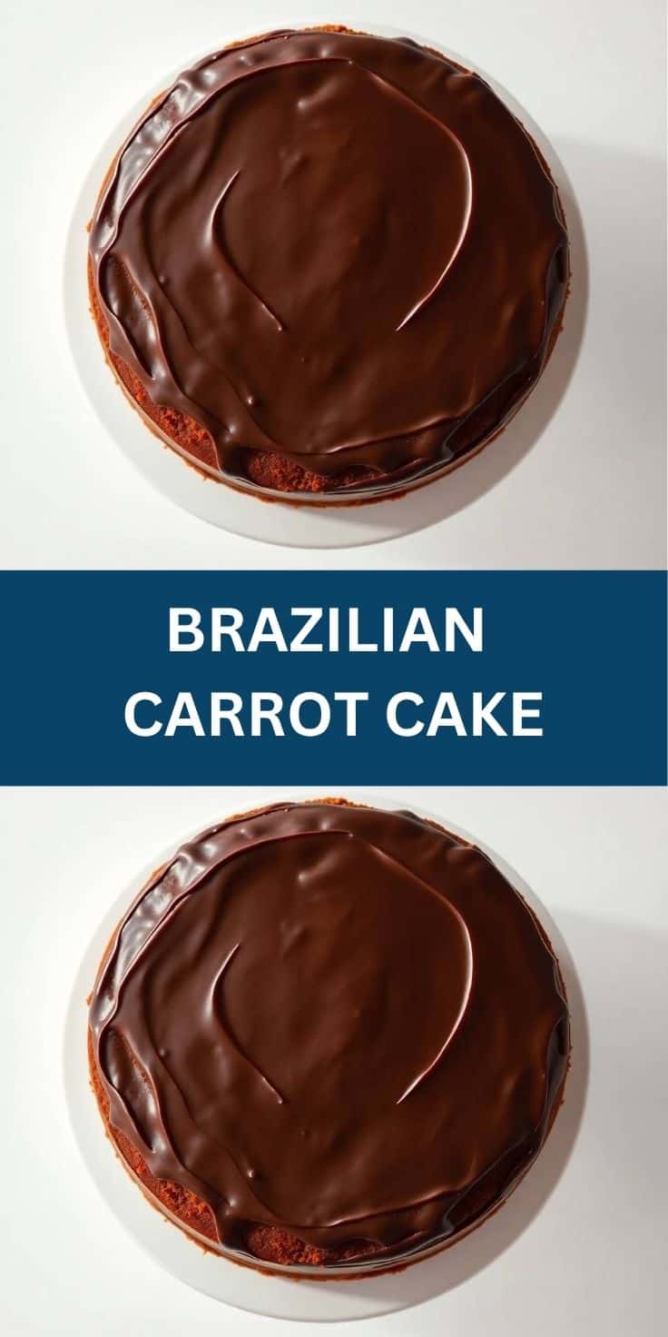 Brazilian carrot cake with glossy chocolate frosting on white plate, overhead view.