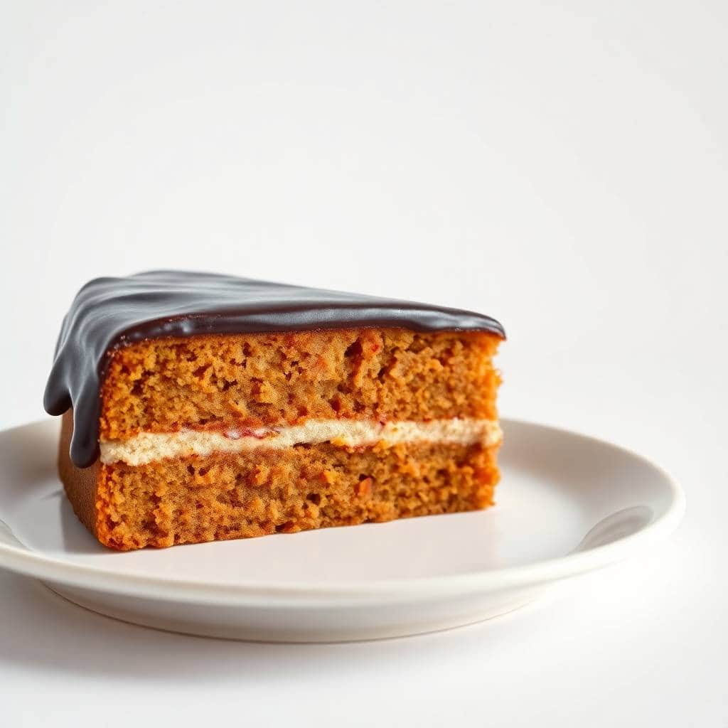 Brazilian carrot cake slice with chocolate frosting and cream filling on white plate.