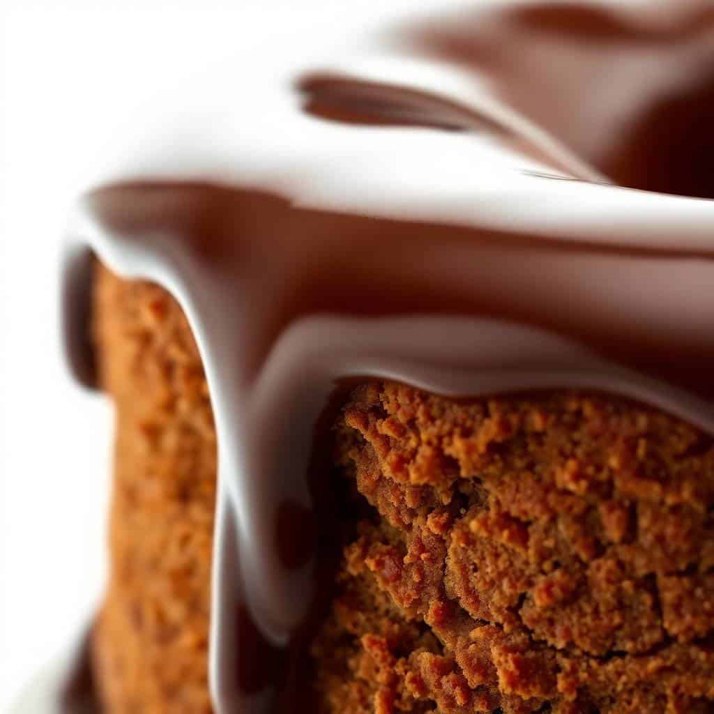 Brazilian carrot cake slice with chocolate ganache frosting and white drip detail.