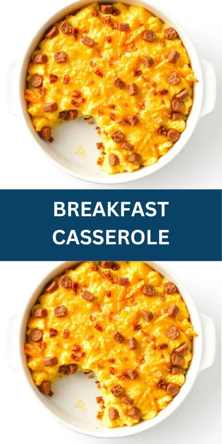 Golden breakfast casserole with melted cheese and bacon pieces in white baking dish, one slice removed.