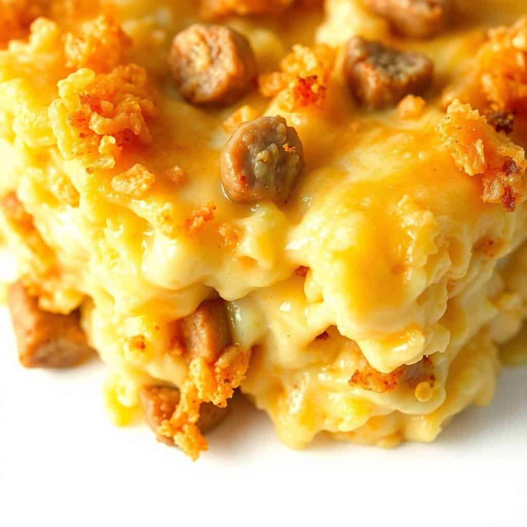 Golden baked breakfast casserole with melted cheese, capers, and crispy edges on white plate.