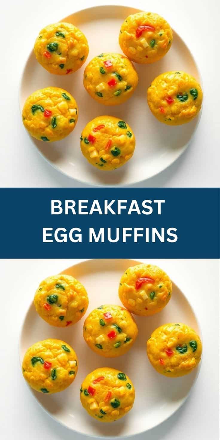 Six golden breakfast egg muffins with red peppers and green onions on white plate.