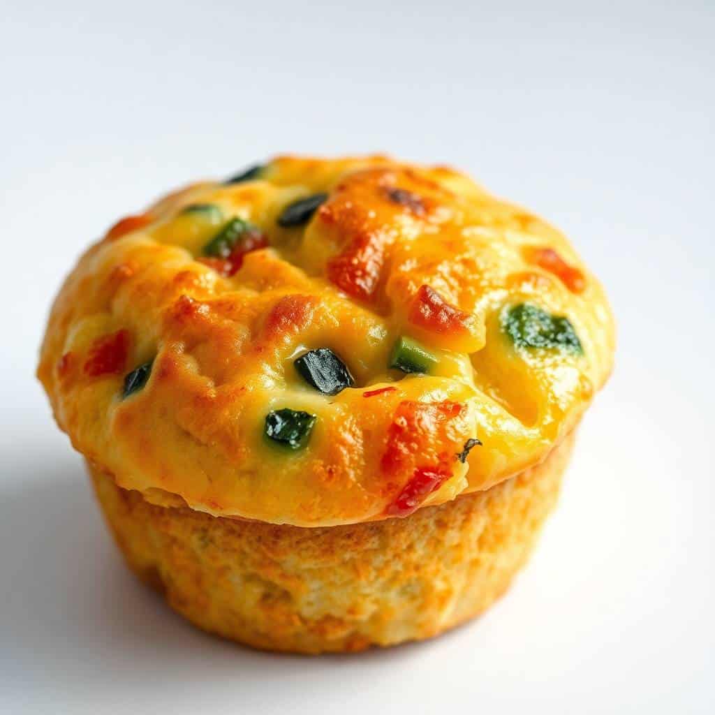 Golden-baked breakfast egg muffin topped with red peppers and green herbs on white surface.