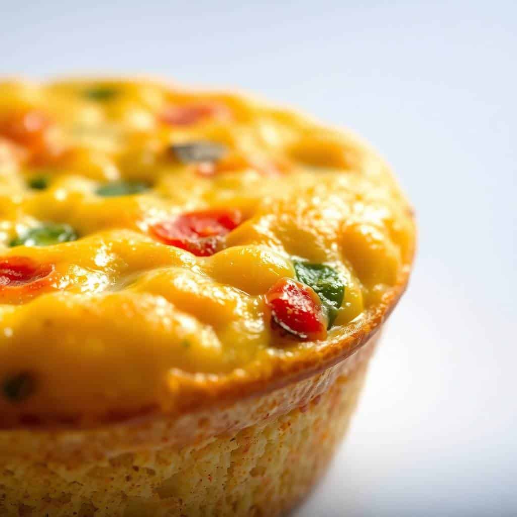 Baked egg muffin topped with melted cheese, red peppers, and fresh herbs in close-up view.
