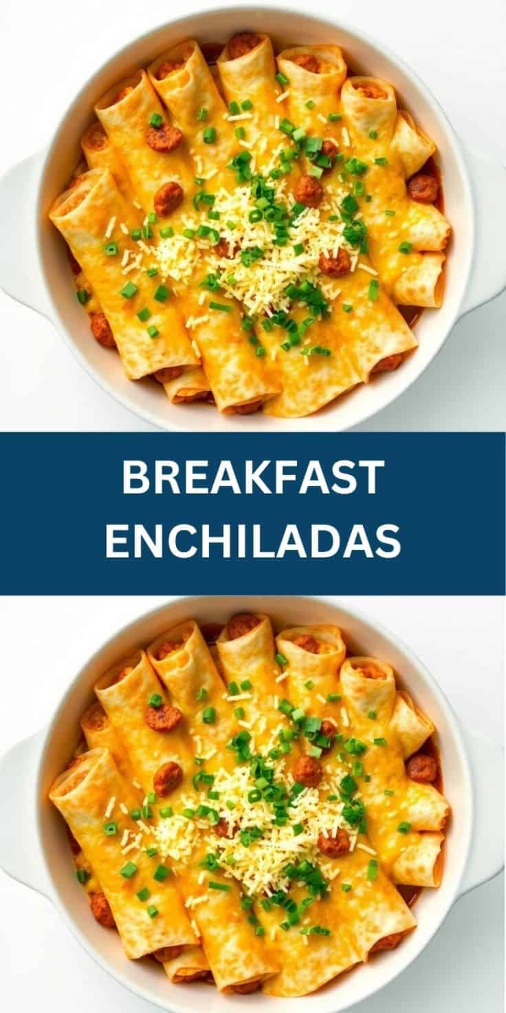 Breakfast enchiladas in white bowl topped with melted cheese, bacon, and green onions.