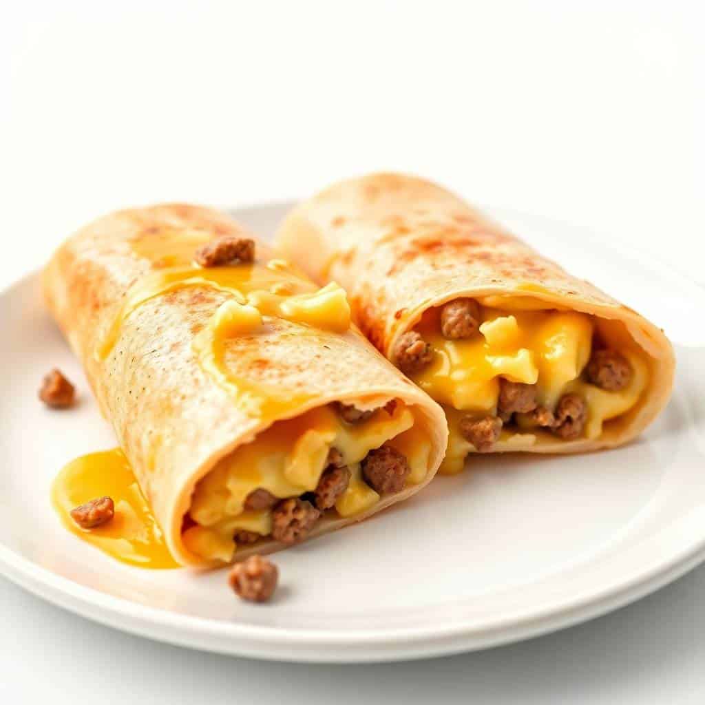 Breakfast enchiladas filled with eggs and chorizo, topped with melted cheese on a white plate.