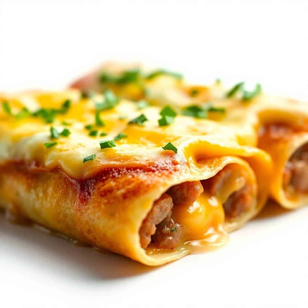 Breakfast enchiladas topped with melted cheese and fresh green onions on white plate.