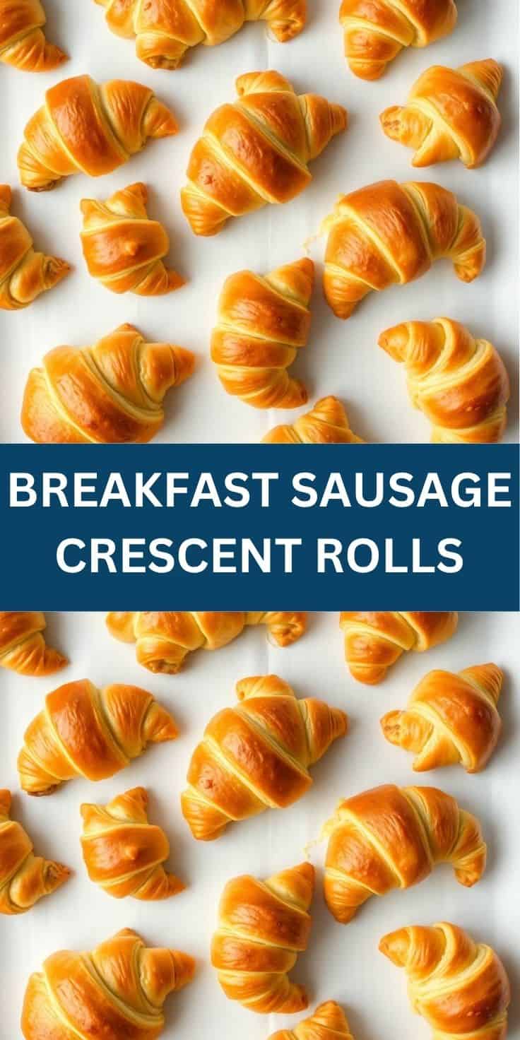Golden-brown breakfast sausage crescent rolls arranged on white surface, flaky pastry texture visible.