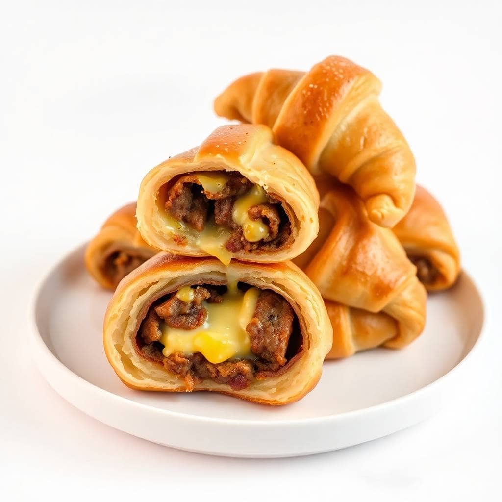 Golden breakfast sausage crescent rolls with melted cheese filling on a white plate, cross-section view.