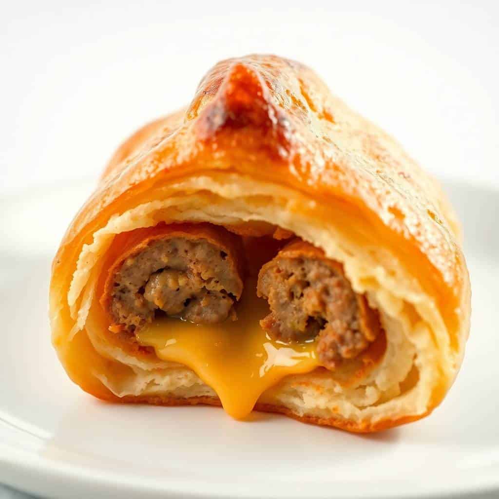 Breakfast sausage crescent roll cut in half, showing melted cheese and seasoned meat filling on white plate.