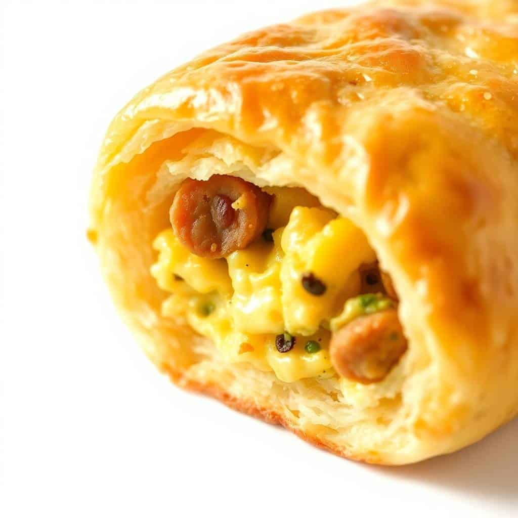 Golden baked puff pastry bar filled with scrambled eggs, bacon, and herbs on white background.