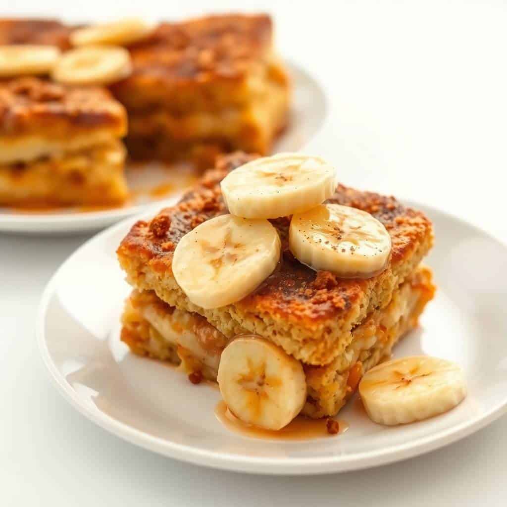 Brown sugar banana French toast casserole slice on white plate with banana slices and cinnamon.