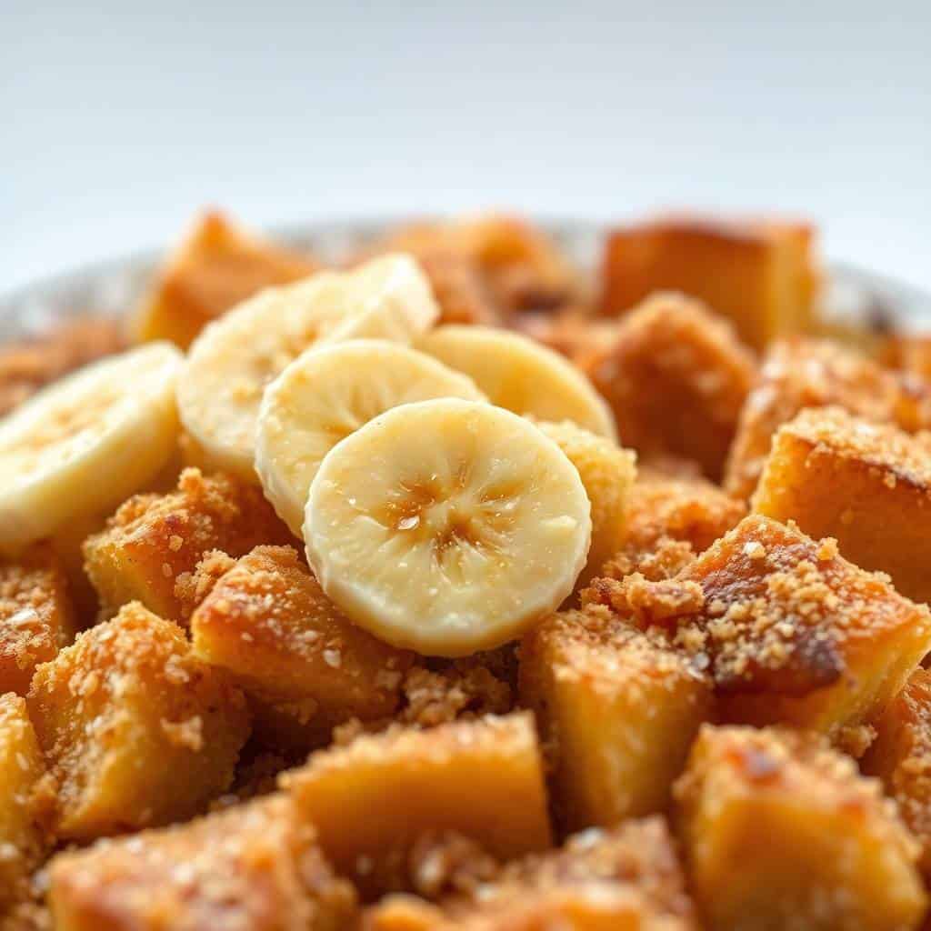 Brown sugar banana French toast casserole with caramelized banana slices and cinnamon crumble topping on white plate.