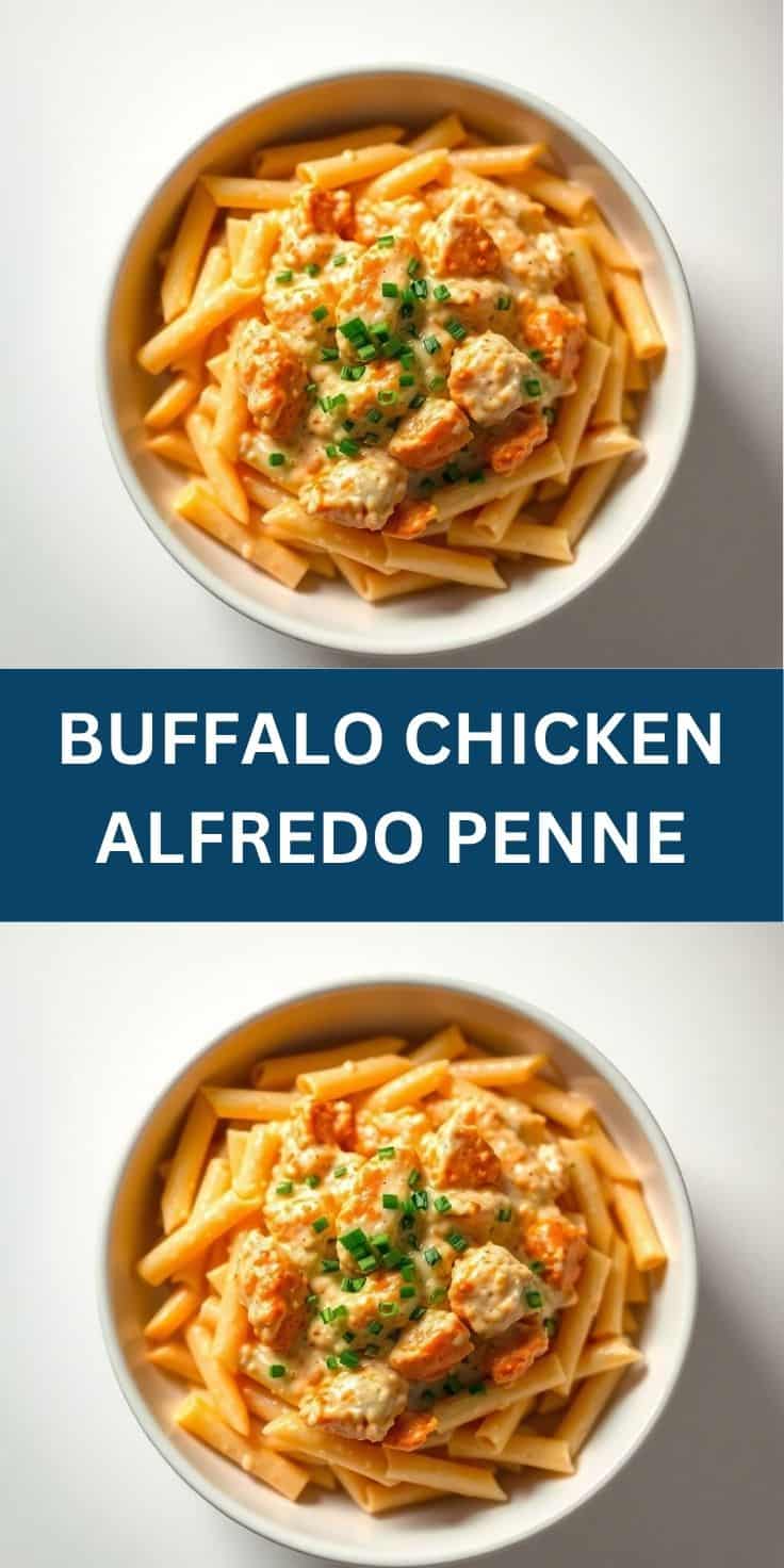 Buffalo Chicken Alfredo Penne served in white bowls with crispy fries and green chive garnish.