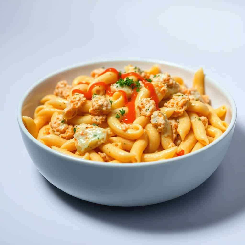 Buffalo chicken alfredo penne in white bowl with red peppers and parsley garnish.