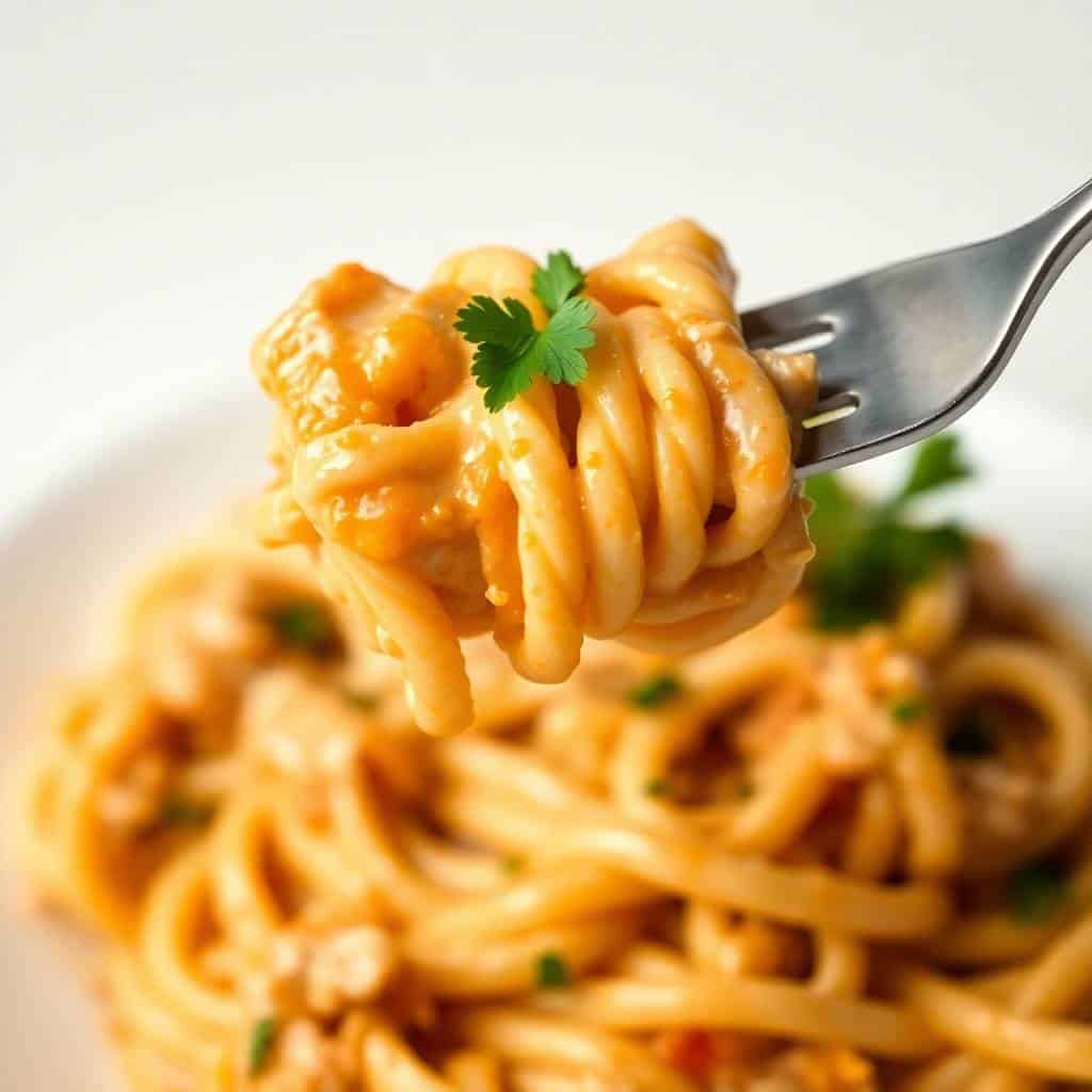 Buffalo Chicken Alfredo Penne twirled on fork, garnished with cilantro over creamy pasta on white plate.