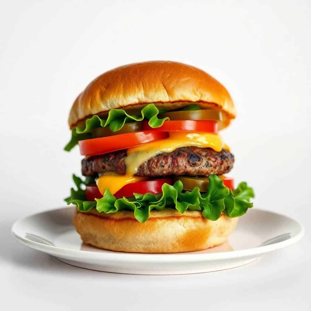 Gourmet burger with melted cheese, tomato, lettuce, and toasted bun on white plate.