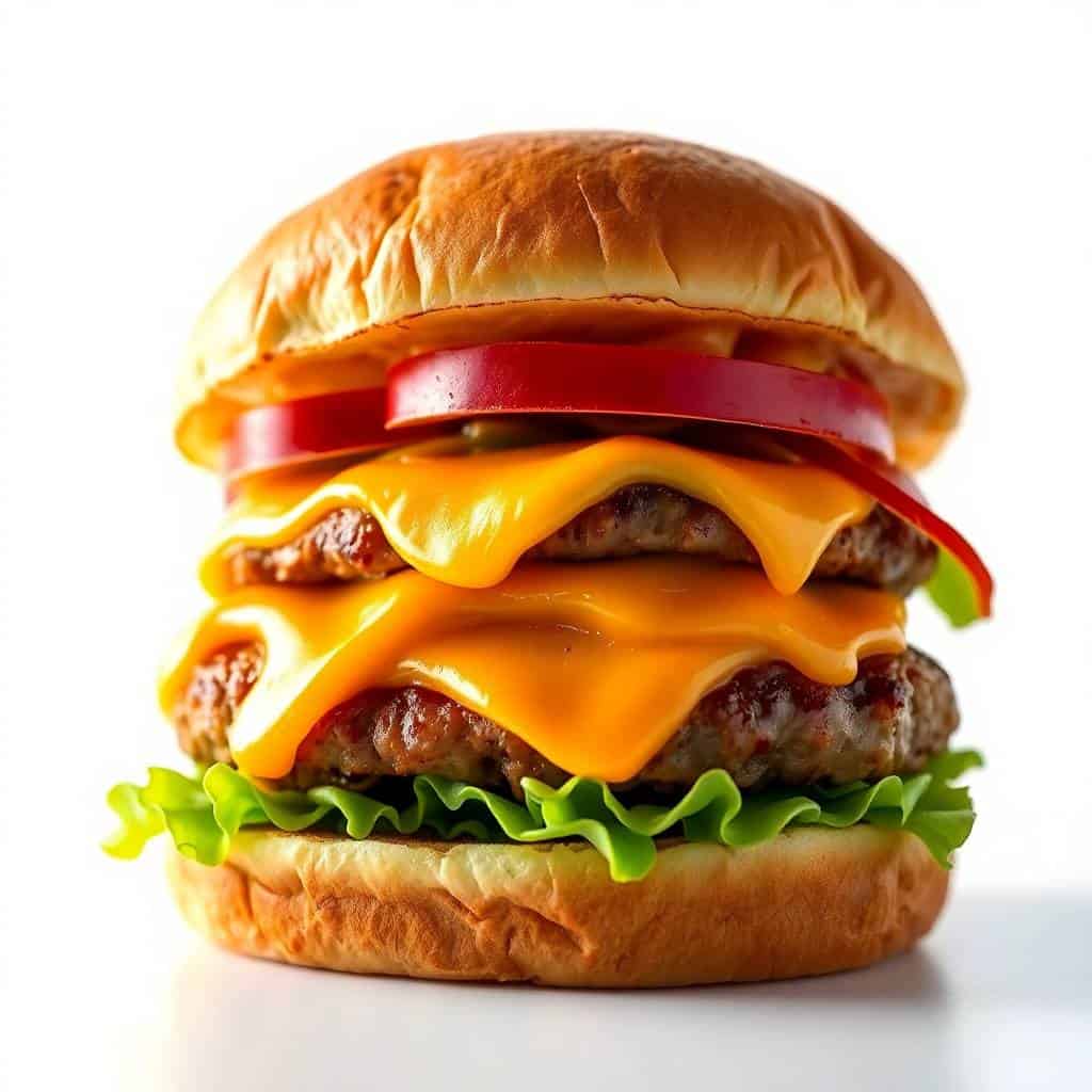 Double cheeseburger with lettuce and tomato on toasted bun, stacked beef patties with melted cheese.