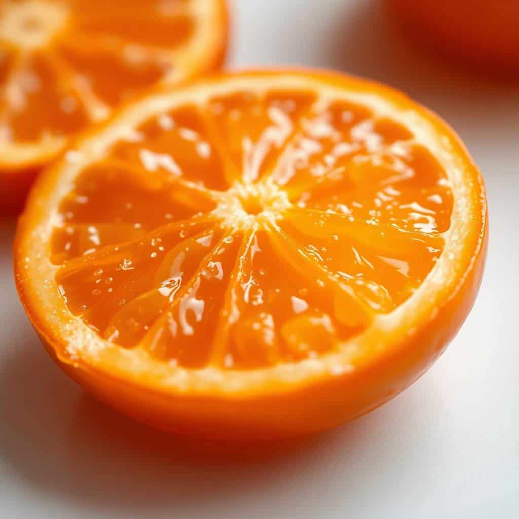 Candied orange slices with glossy, translucent flesh and caramelized edges on white surface.