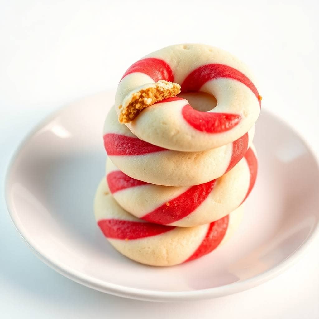 Stacked candy cane cookies with red and white stripes and a pretzel garnish on a white plate.