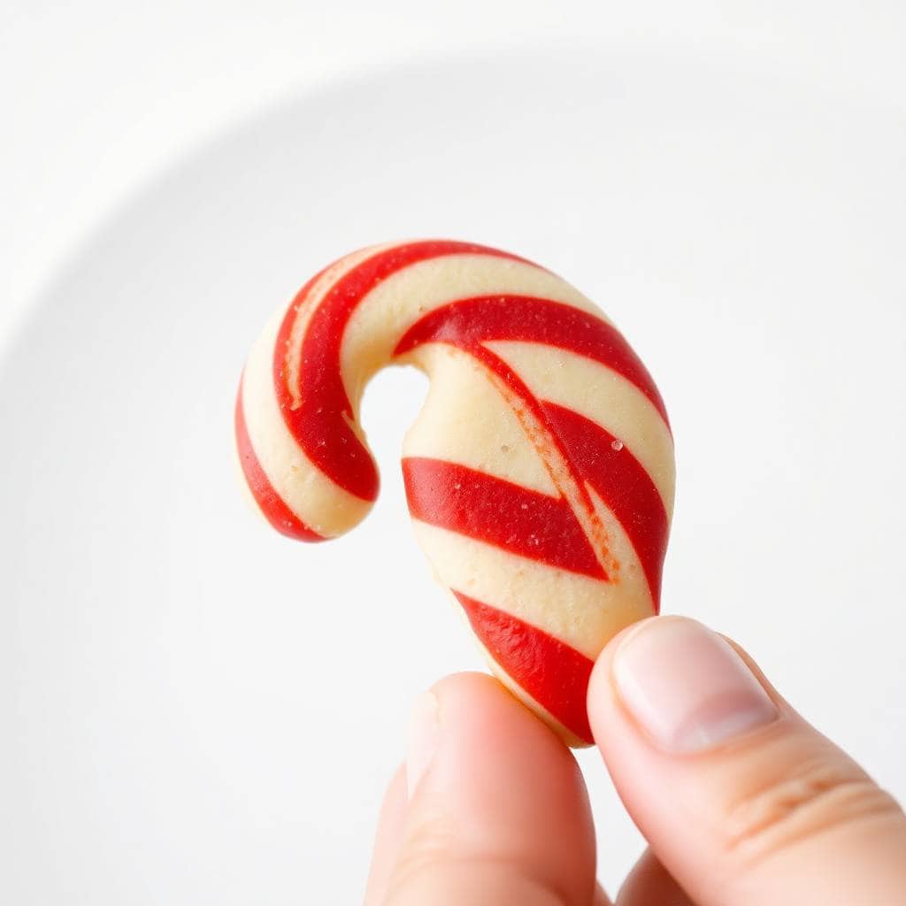 Red and white striped candy cane cookie held between fingers against white background.