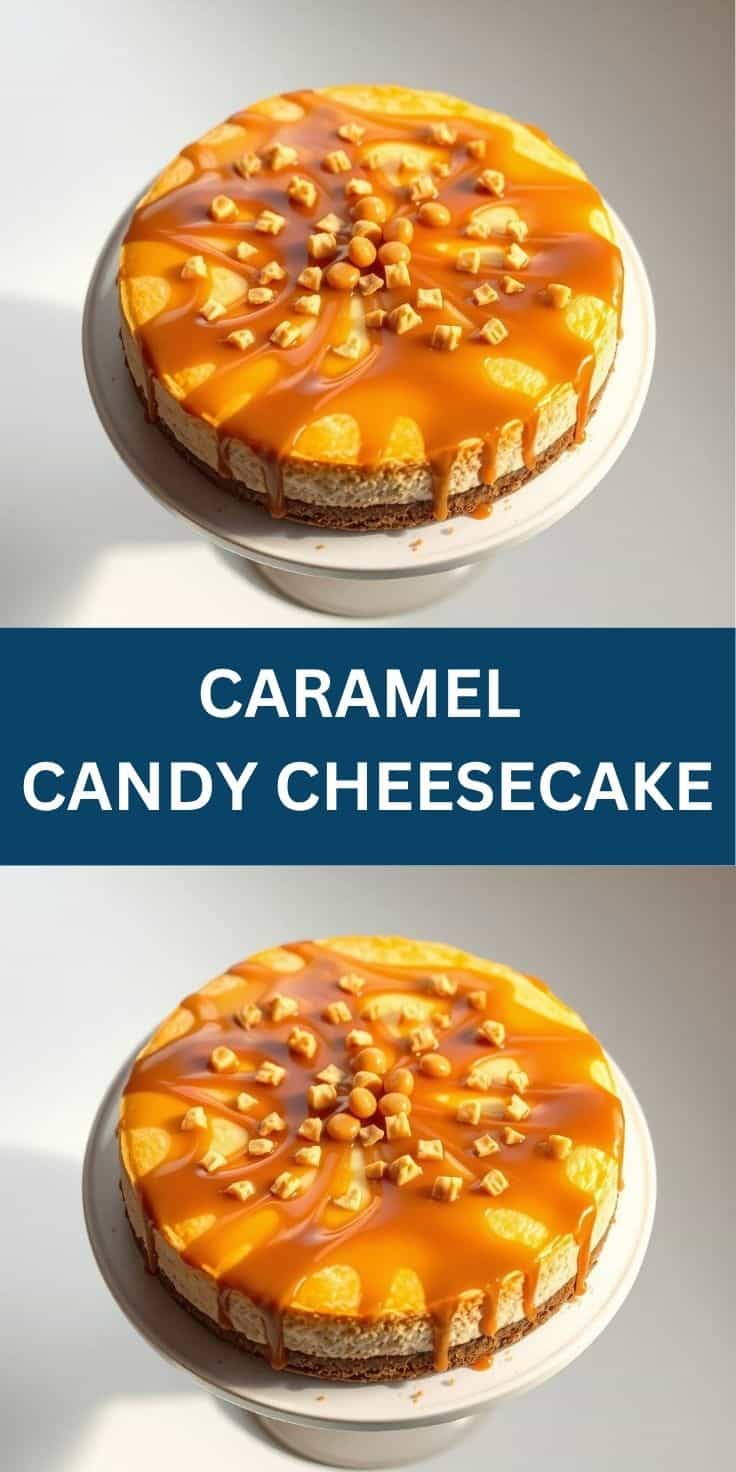 Caramel candy cheesecake with glossy caramel glaze, toffee bits garnish, and graham cracker crust on white plate.