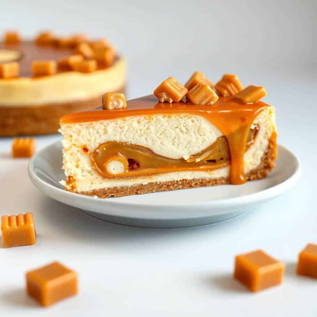 Caramel candy cheesecake slice with creamy filling, caramel drip, and toffee bits on white plate.