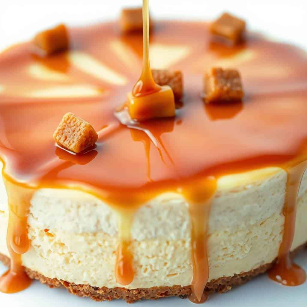Caramel candy cheesecake with creamy filling, graham cracker crust, and caramel drizzle garnish.