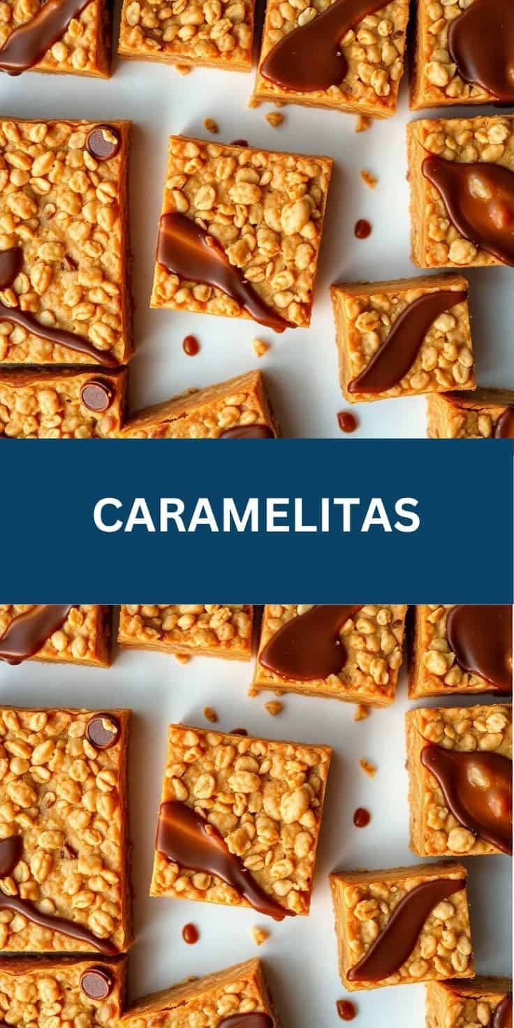 Caramelitas bars with crispy cereal base, caramel drizzle, and chocolate topping on white surface.