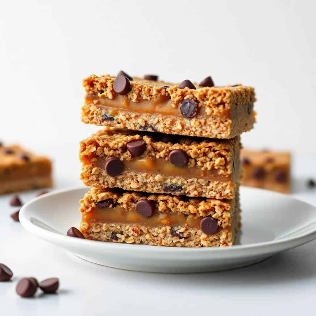 Stacked caramelitas with oat crust, caramel filling, and chocolate chips on white plate.