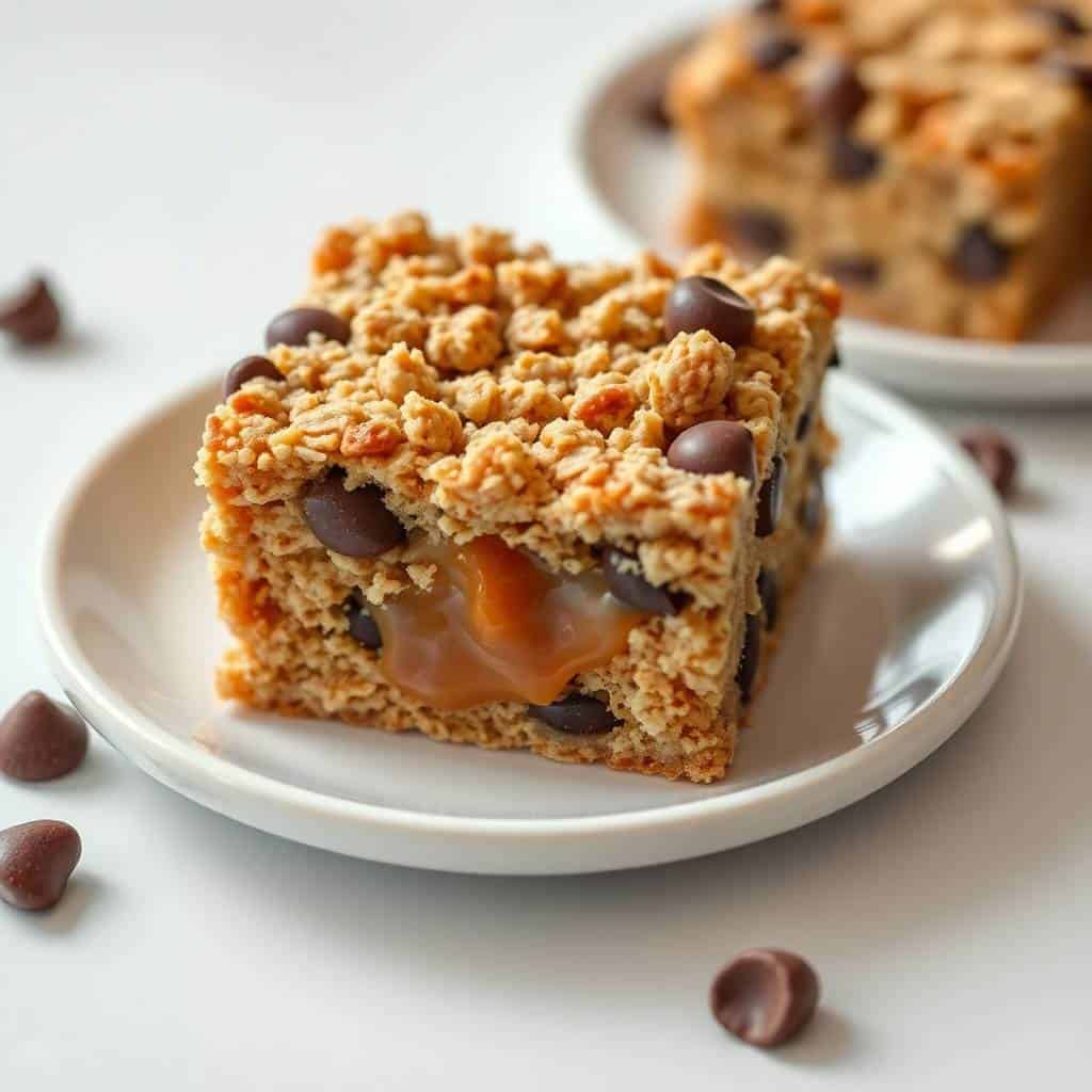 Caramelitas bars with chocolate chips on white plate, caramel filling visible in cross-section.