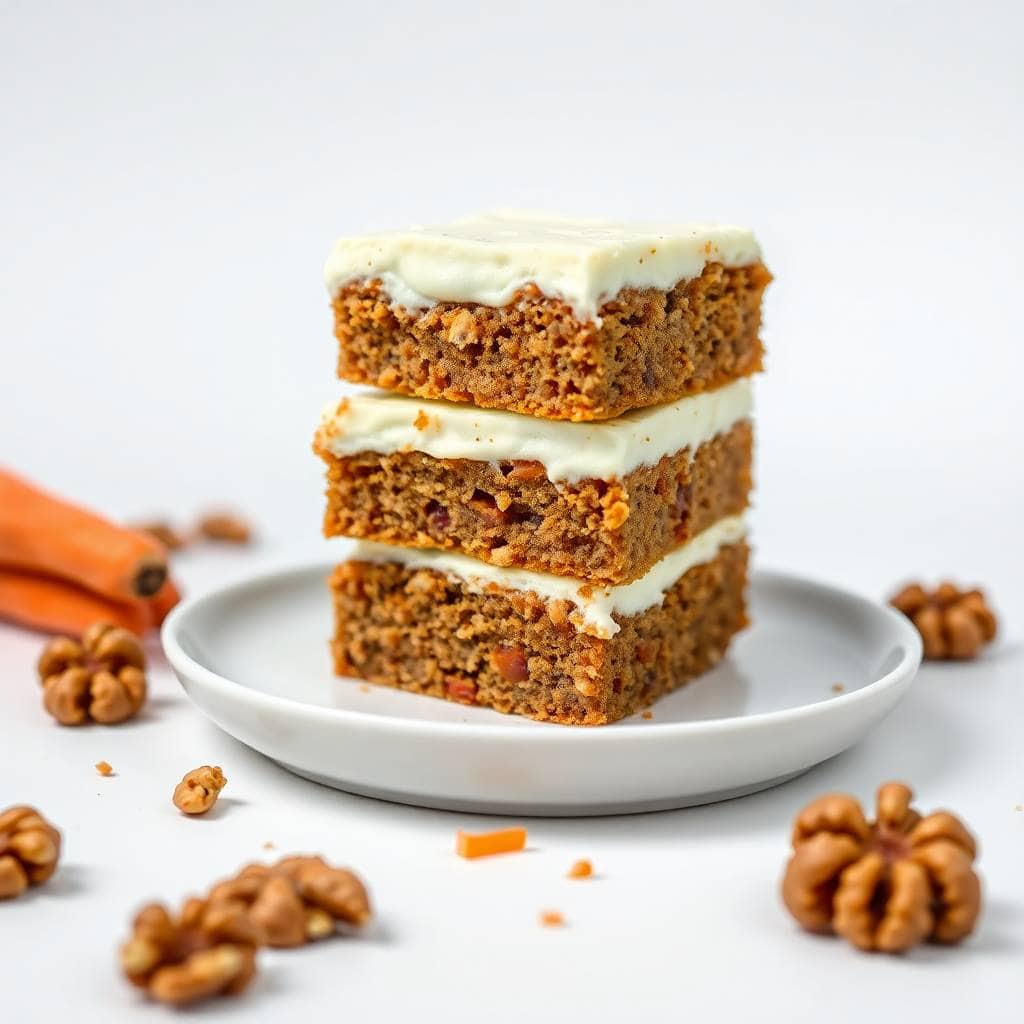 Stacked carrot cake bars with cream cheese frosting, walnuts, and cinnamon sticks on white plate.