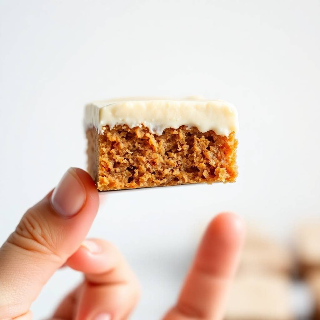 Hand holding a carrot cake bar with cream cheese frosting against a white background.