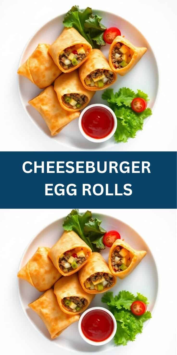 Crispy golden cheeseburger egg rolls served on white plate with fresh lettuce, tomato, and red dipping sauce.