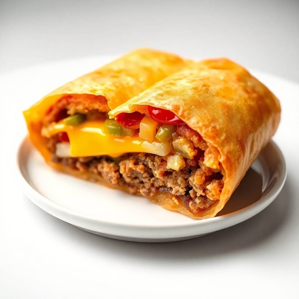 Two golden-brown cheeseburger egg rolls on white plate with melted cheese and red pepper visible.