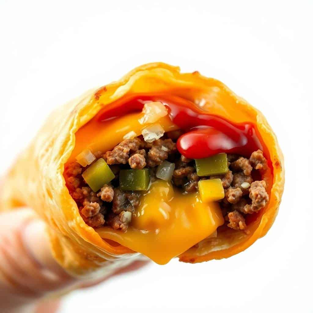 Cheeseburger egg roll held in hand, filled with ground beef, melted cheese, peppers, and diced vegetables.