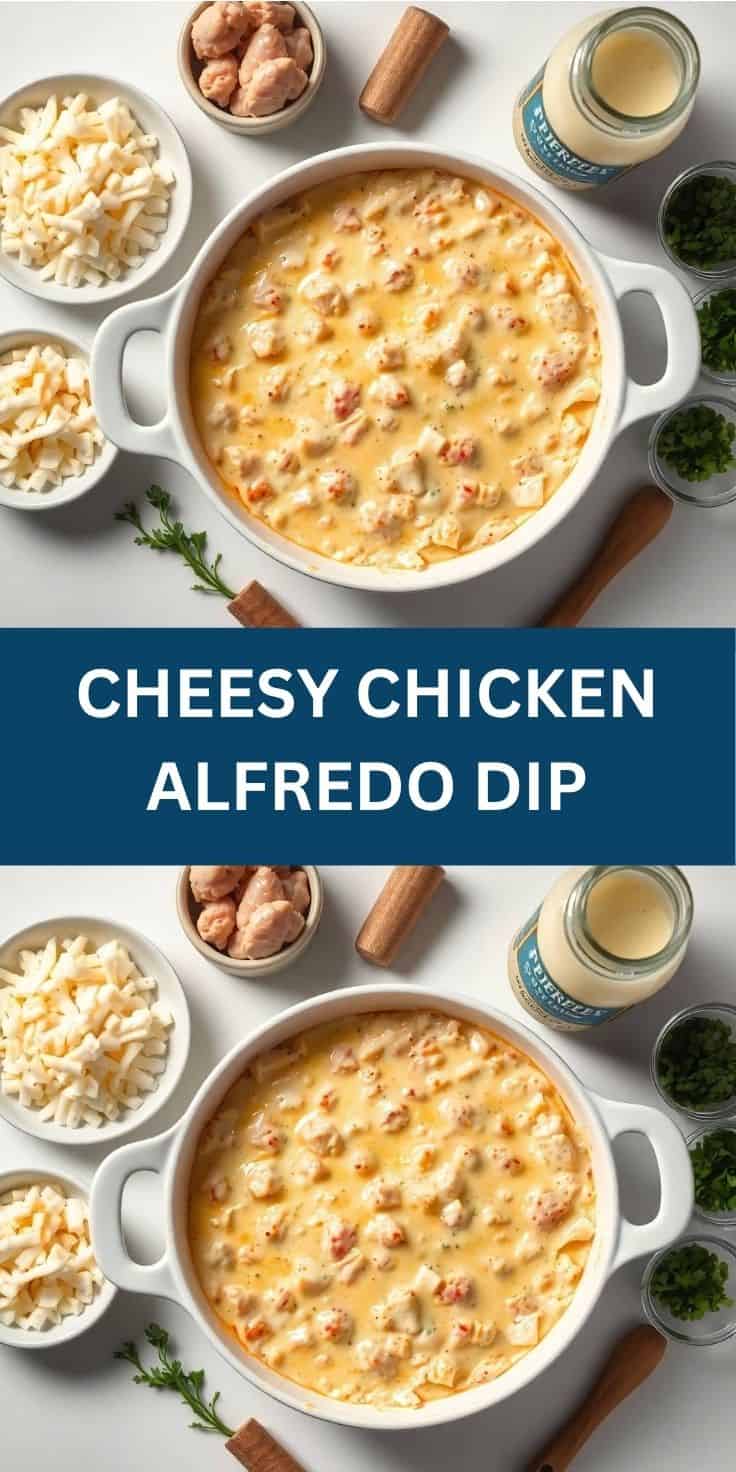 Cheesy chicken alfredo dip in white bowl with pasta, chicken, and fresh parsley garnish.