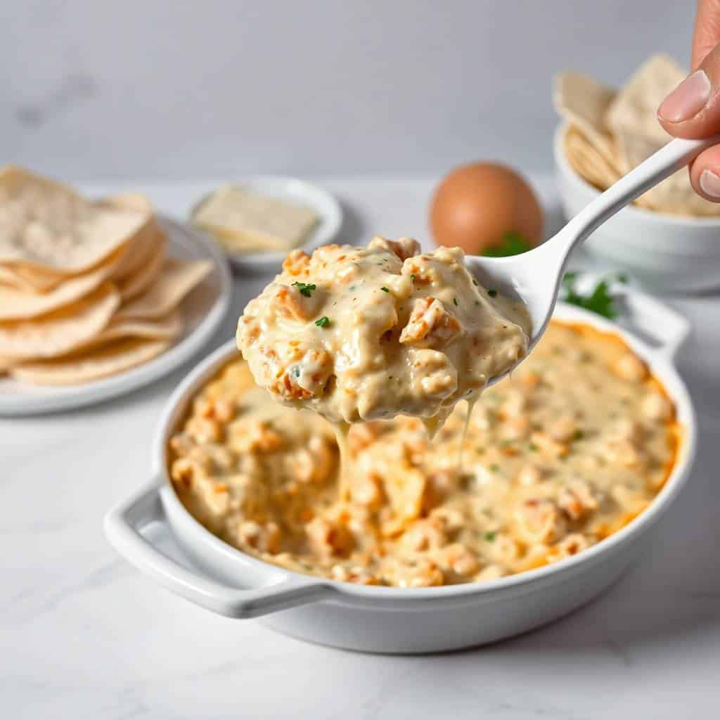 Creamy cheesy chicken Alfredo dip in white bowl with spoon, garnished with herbs and walnuts, served with crackers.